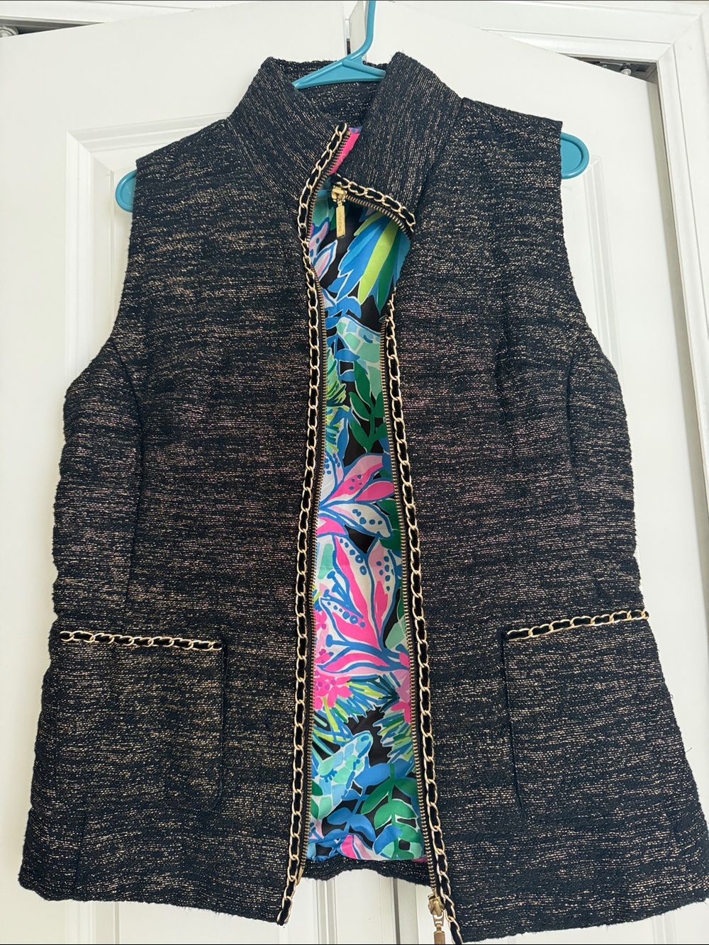 Lilly Pulitzer Black Metallic Tweed Vest with Gold Chain Trim